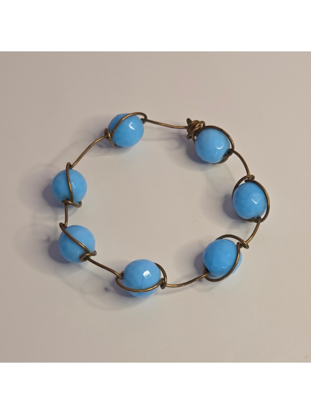 Blue Chunky Beaded Statement Boho Bracelet Gold Tone Wire